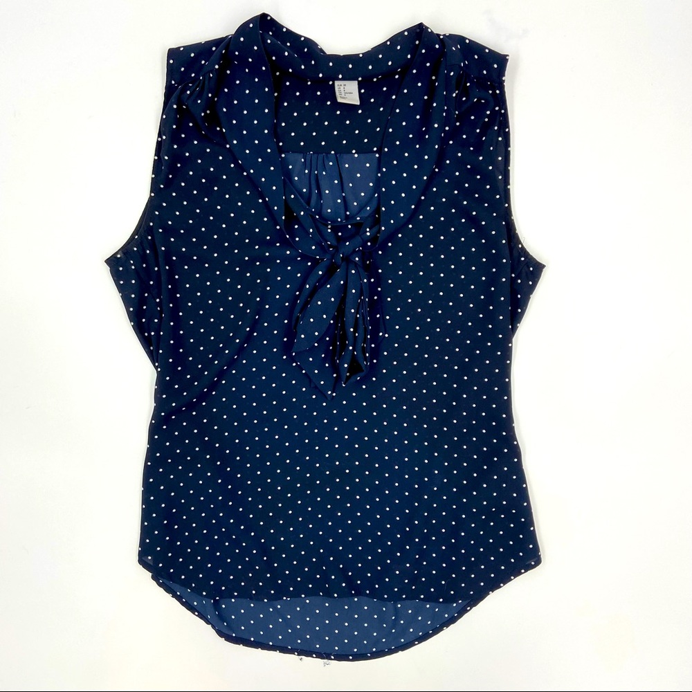 H&M Women’s Sleeveless Sheer Polka Dot Print Tie Front Tank Blouse Blue Size 8